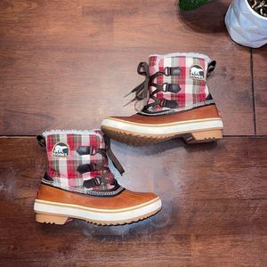 Sorel Women’s Tivoli Brown Leather Red Plaid Waterproof Winter Duck Boots